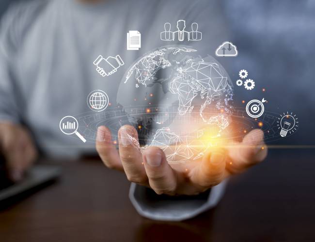 Man hand holding virtual Global Internet connection metaverse. Business global internet connection application technology and digital marketing. Man hand holding virtual Global Internet connection metaverse. Business global internet connection application technology and digital marketing, Financial and banking, Digital link tech, big data.
